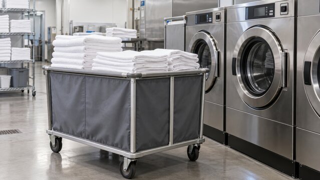Commercial laundry cart filled with white linens in industrial laundromat with stainless steel washing machines. concept of cleanliness, laundry services, industrial equipment
