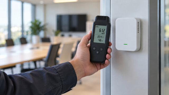 Technician measuring indoor air quality using co2 meter in modern office setting. concept of workplace safety, environmental monitoring, technical assessment.