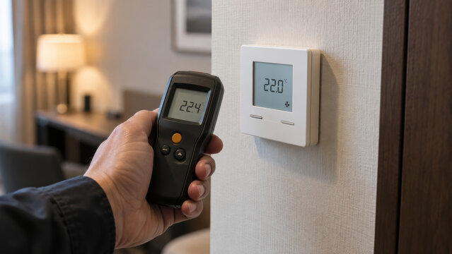 Technician adjusting room temperature using a digital thermometer and thermostat in a modern home interior. concept of climate control, smart home technology, energy efficiency