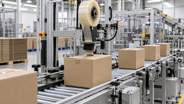 Cardboard boxes on automated product packaging line in modern factory. concept of industrial automation, technology, manufacturing efficiency