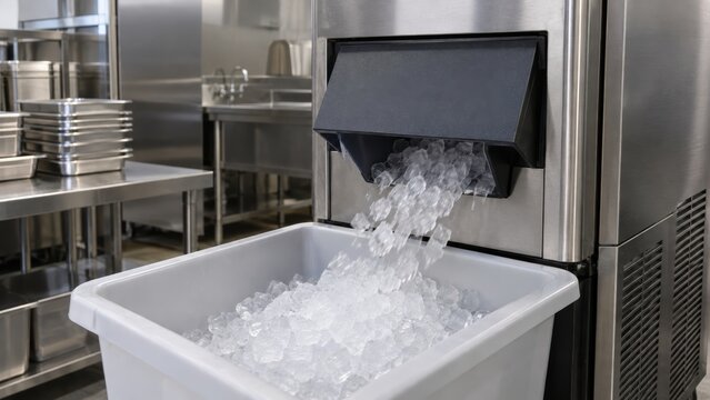 Commercial ice making machine producing ice cubes in restaurant kitchen. concept of food service, efficiency, kitchen appliance