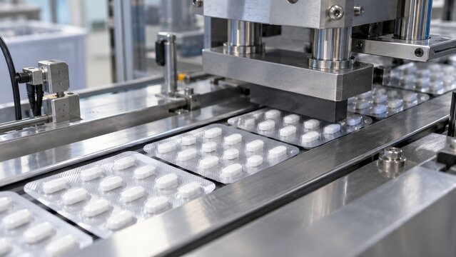 Pharmaceutical tablet blister packaging line in operation showcasing industrial automation and precise manufacturing process in modern facility