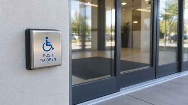 Close-up of automatic door accessibility button for wheelchair users near modern building entrance. concept of accessibility and inclusive design.