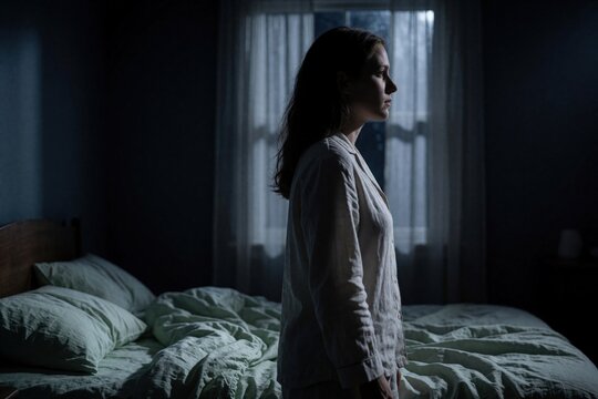 Young caucasian woman suffers from sleepwalking in dark bedroom at night. Somnambulism patient stands by bed in white pajamas near window. Female experiences sleep disorder unconscious movement
