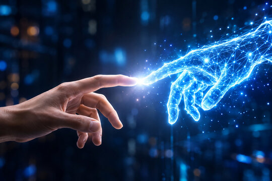 Human and glowing digital network hands touching fingertips representing artificial intelligence synergy and futuristic digital transformation