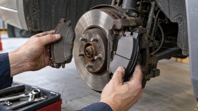 Technician replacing worn mechanical component on vehicle brake system in automotive workshop. concept of maintenance, repair, automotive engineering.