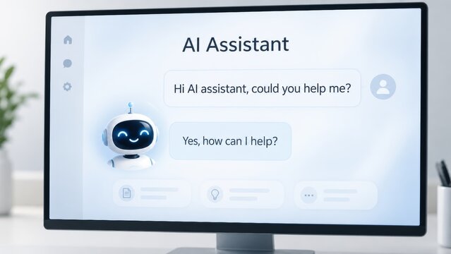 Modern technology interface showing ai assistant screen with chat window interaction. concept of virtual helper and digital communication in online assistance.