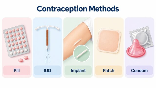 Infographic of contraception methods featuring pill, iud, implant, patch, and condom on white background. concept of family planning and birth control options