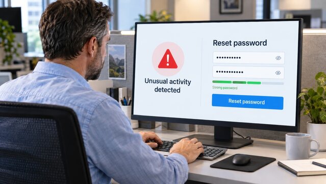 Man resetting password on computer after unusual account activity for enhanced cybersecurity. concept of online security, password protection, data privacy