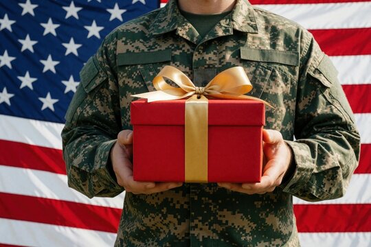 US soldier in camo uniform holds red gift box with gold ribbon. American flag background. Military man presents surprise present for holiday celebration, homecoming, special occasion. Patriotism,