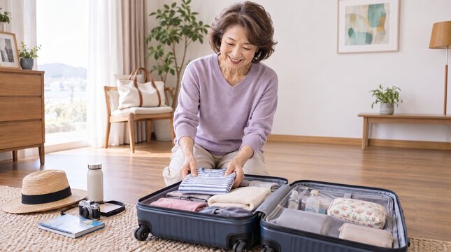 旅行に向けてスーツケースに荷物を詰めるシニア女性