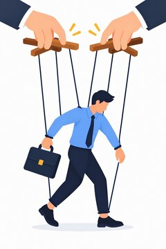 Businessman Controlled by Marionette Strings Symbolizing Workplace Manipulation