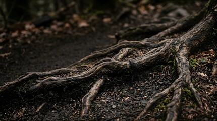 Fototapeta premium Twisted tree roots spreading across dark forest floor ground level view