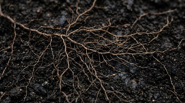 Tree roots spreading across dark moist fertile soil surface closeup