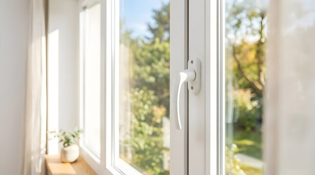 White plastic window frame with modern handle overlooking green garden