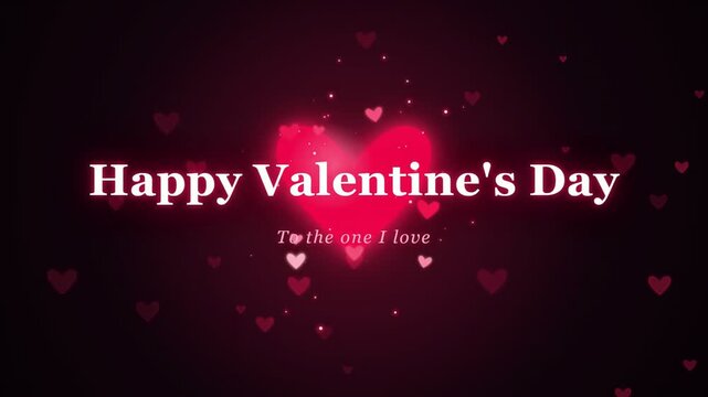 Romantic Valentine's Day animation with glowing red hearts and love messages on dark background