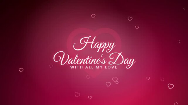 Animated Happy Valentines Day greeting with floating hearts on a red gradient background