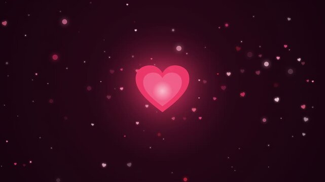 Glowing pink heart pulsing with shimmering particles on a dark romantic background