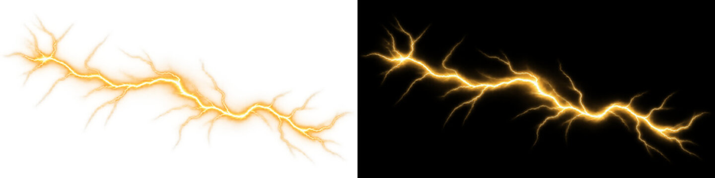 Branching golden lightning bolt on transparent background, powerful jagged yellow plasma thunder spark discharge. High voltage atmospheric meteorological storm delivers golden electrical strike.