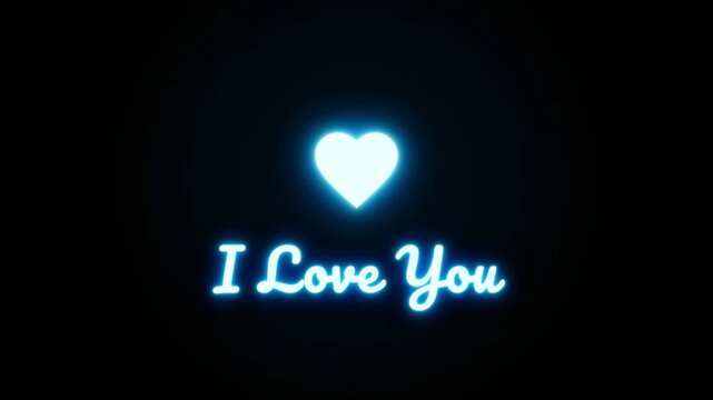 Glowing Blue Neon I Love You Text with Heart Symbol Pulsing on Black Background