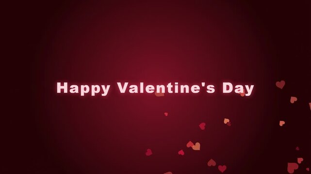 Animated Happy Valentine's Day text with floating red hearts on a dark red background