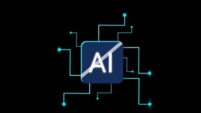 Artificial Intelligence Microchip Animation with Glowing Neon Circuit Nodes on Black Background 