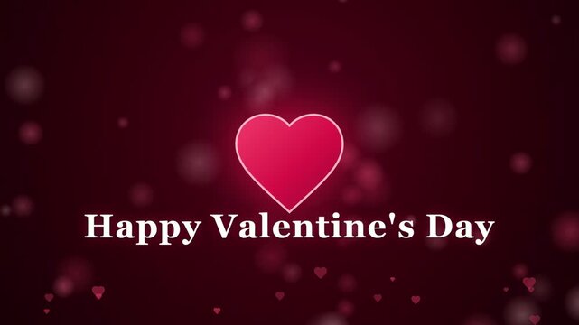 Animated Happy Valentine's Day text with glowing red heart and floating bokeh particles background