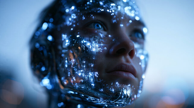 Futuristic Cyborg Woman Face with Glowing Digital Circuits