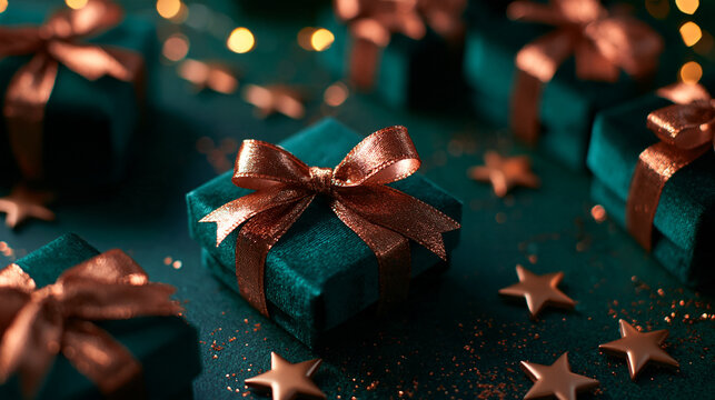 Emerald Green Velvet Christmas Gift Box with Bronze Bow