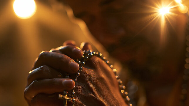 Hands Clasping Rosary in Prayer with Warm Backlight