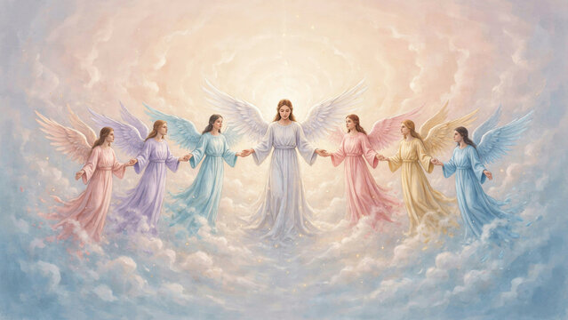 Heavenly angelic choir, a celestial group of seven angels with outstretched wings and flowing robes, ethereal spiritual beings in a divine light, religious and inspirational imagery.