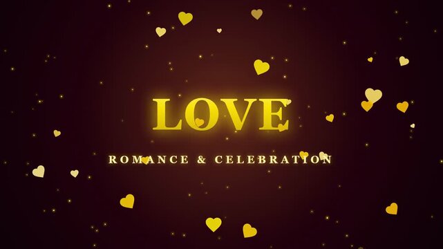 Golden Glowing Love Text with Sparkling Hearts and Particles on Dark Red Background