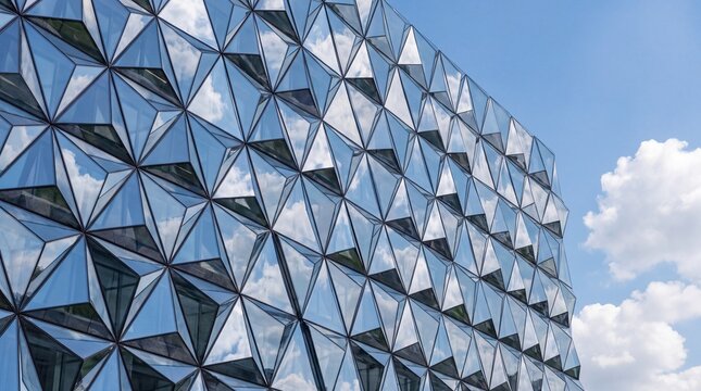 Modern Geometric Glass Facade Reflecting Sky and Clouds