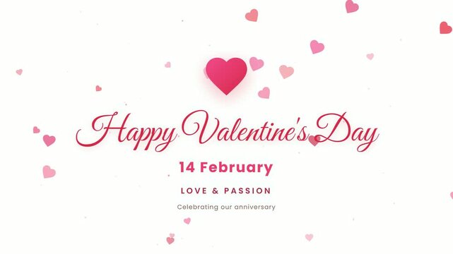Animated Happy Valentine's Day greeting with floating pink hearts on a clean white background