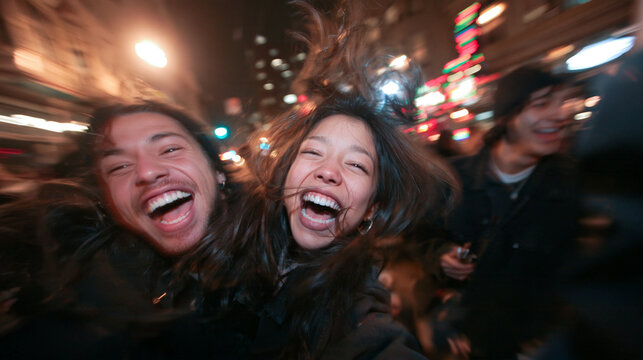 Joyful Friends Having Fun Together on City Street at Night