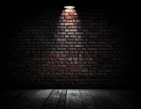 An intense spotlight dramatically illuminates a textured red brick wall and rustic wooden floor, casting a moody glow in an empty, dark industrial-style room, ideal for atmospheric backdrops