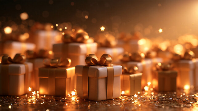 Golden Gift Boxes Surrounded by Glowing Stars and Bokeh