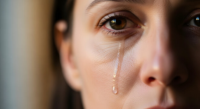 Human eye shedding a single crystal clear tear showing deep emotional distress and intense psychological pain