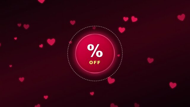 Animated Red Sale Discount Percentage Button with Floating Hearts on Dark Background for Valentine Day