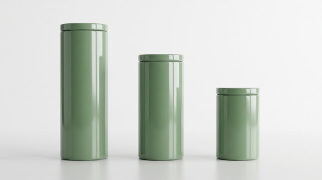 A set of three cylindrical glossy green canisters or jars of varying heights arranged side by side against a clean, plain white background.