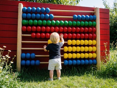 Small child learns math using large outdoor abacus with colorful beads. Boy plays with educational toy developing early numeracy skills in sunny garden setting.