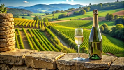 Obraz premium An exquisite champagne bottle and fine wine glass resting against a stone wall surrounded by rolling hills of green vineyards in the picturesque Empord region, champagne, empord