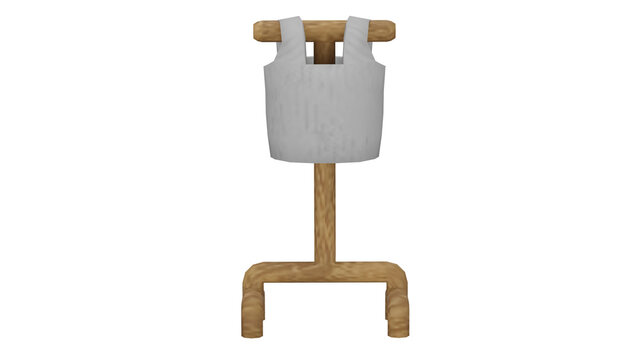 3d rendering of a simple wooden mannequin holding a garment