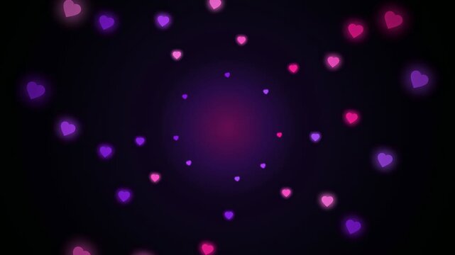 Abstract purple and pink glowing hearts floating in a dark symmetrical kaleidoscopic motion background