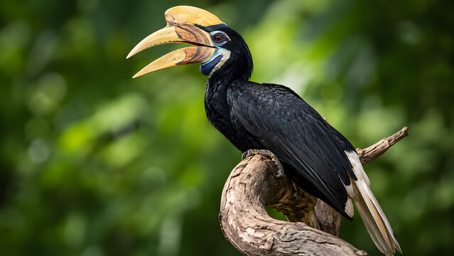 Rhinoceros hornbill bird perched on a mossy tree branch with opened beak against blurred green foliage background