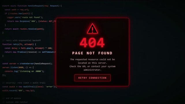 Digital screen displaying 404 page not found error message over scrolling computer programming code