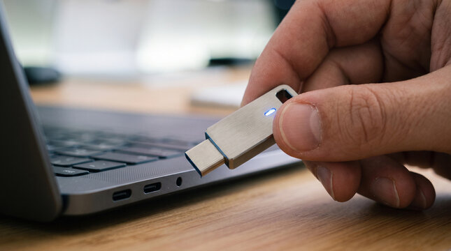 Close up hand holding silver metal security key token near laptop computer port for access