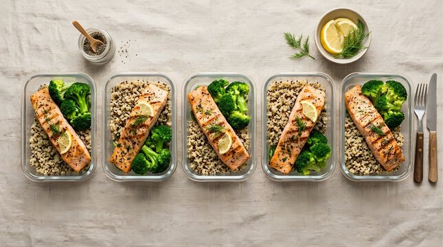 Five meal prep containers filled with grilled salmon and healthy grain salad