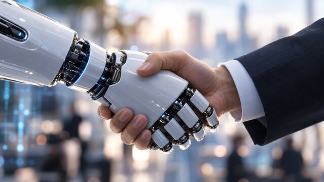 Handshake Between Robot and Human Symbolizing Artificial Intelligence Integration and Digital Transformation for a Futuristic World.
