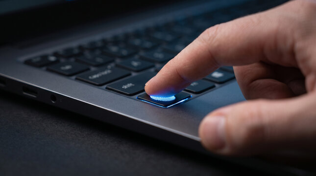 Extreme close up of user scanning finger on glowing blue fingerprint icon sensor for secure laptop access